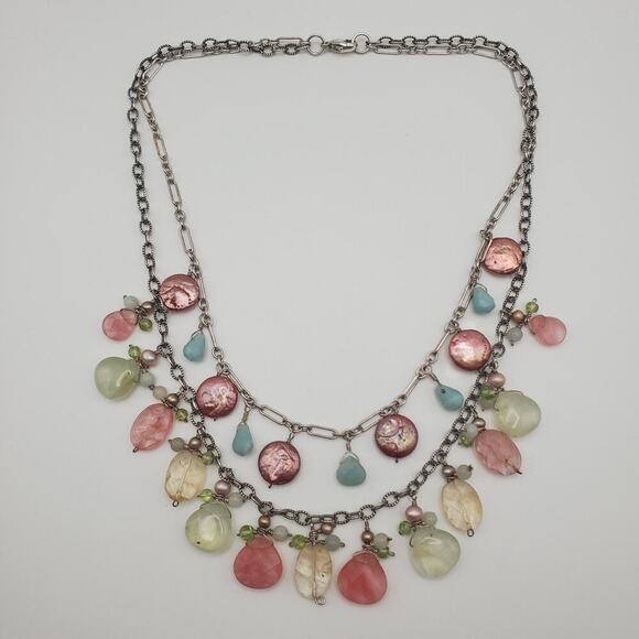 925 Sterling Silver Double Strand Dangling Pearl, Pink & Green Quartz Necklace - Picture 1 of 6